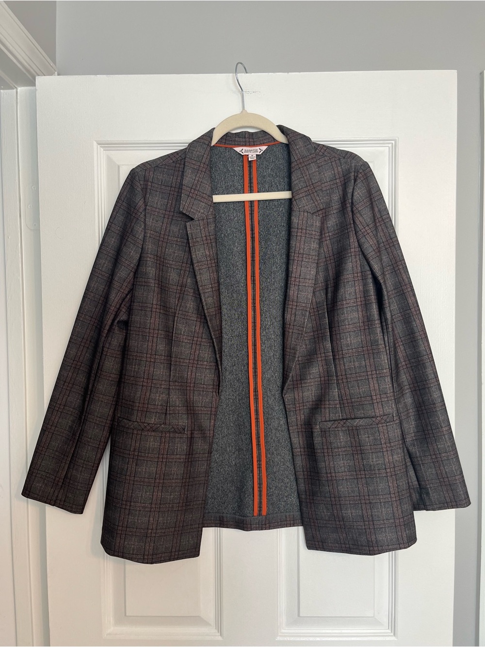 Nanette Lepore Menswear Inspired Grey Plaid Jacket with Orange Trim